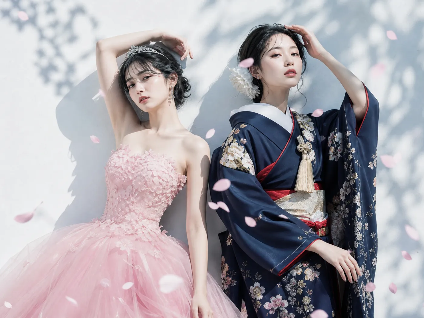 淡いピンクのドレスと紺の着物をまとった2人の女性