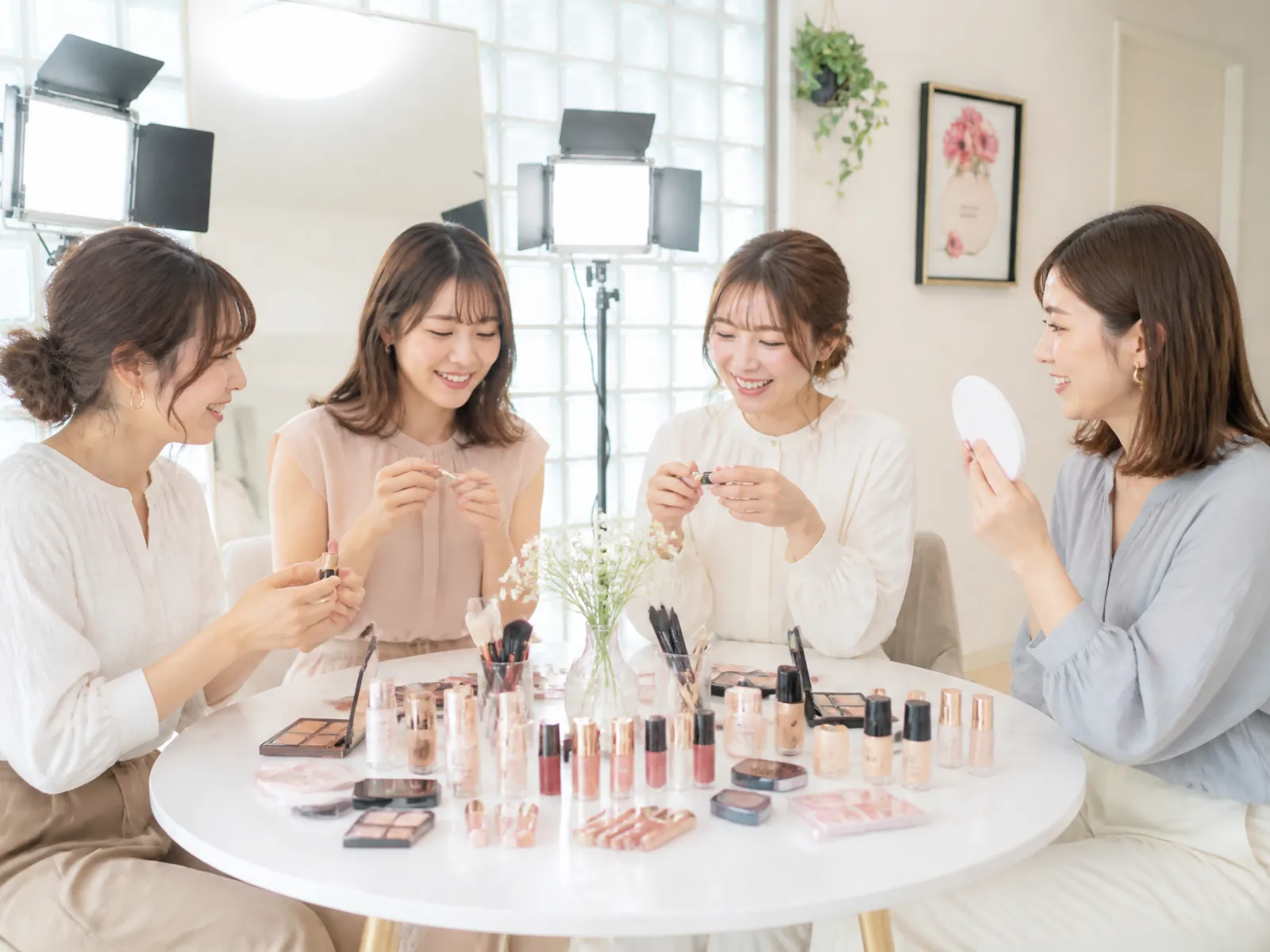 4名のグループでコスメを試しながら似合う色を探す様子