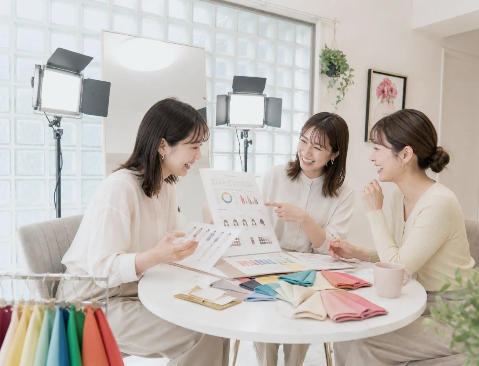診断シートとドレープを見ながら結果を確認する3人の女性